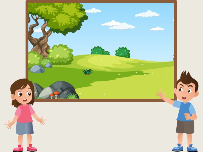 niños haciendo una exposición de un paisaje mediante descripción