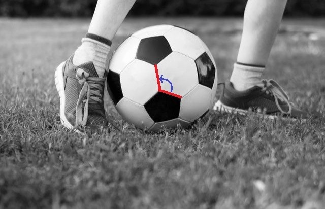 Balon de futbol con ángulos marcados en rojo